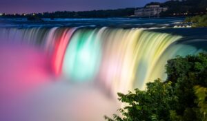 Stunning long exposure shot of Niagara Falls illuminated at night, showcasing colorful flowing water and mist.